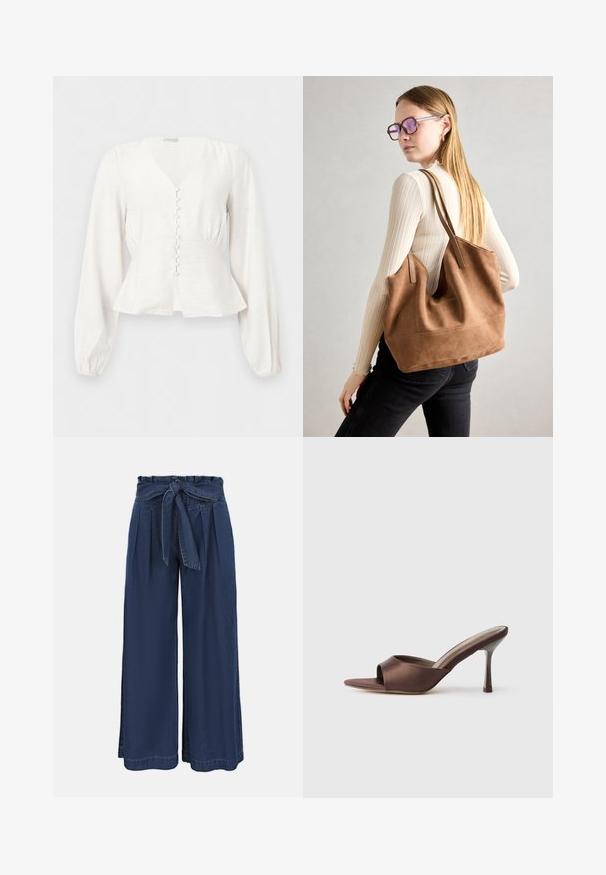 Witte blouse met lange mouwen, V-hals, nauwsluitende taille, met stof beklede knopen aan de voorkant en licht uitlopende zoom tegen een effen achtergrond.; Donkerblauwe broek met hoge taille, wijde pijpen, geplooide voorkant en een stoffen ceintuur gestrikt in de taille.; Bruine satijnen open teen mule met een middenhoge slanke hak en een instapontwerp op een effen witte achtergrond.; Bruine suède totebag met zachte textuur, grote opening en lange hengsels. Het heeft een eenvoudig ontwerp met zichtbare stiksels en geen hardware.
