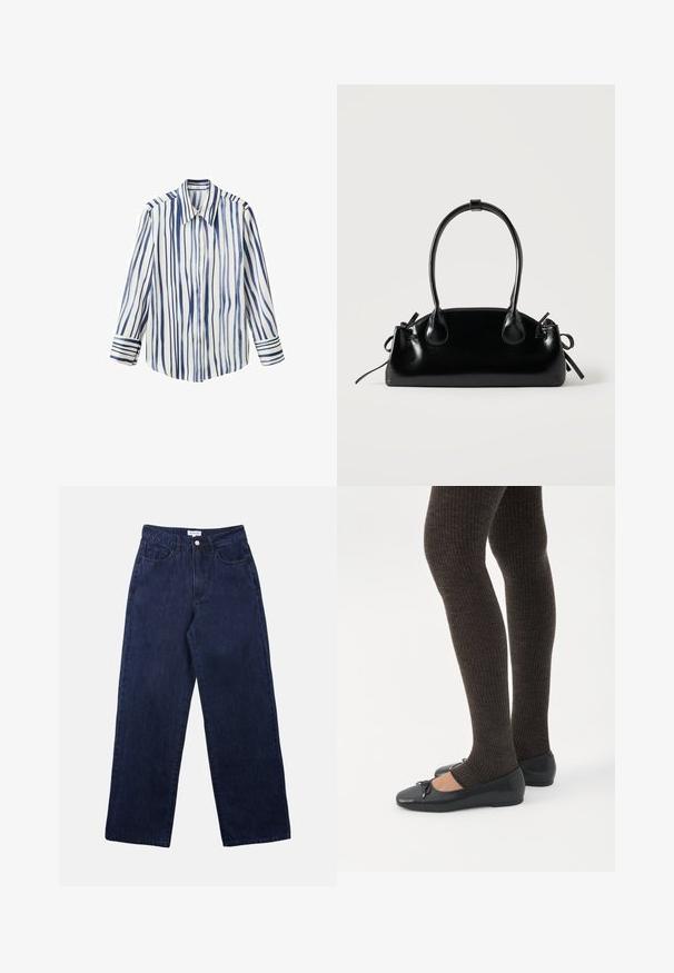 Chemise à boutons rayée blanche et bleu marine, avec des lignes verticales, un col classique et des poignets rayés contrastants. Texture lisse.; Pantalons en denim bleu foncé avec une coupe droite, dotés d'une fermeture à bouton à l'avant, de passants de ceinture et de deux poches avant.; Jambes portant des leggings côtelés foncés associés à des ballerines noires avec de petits détails en nœud sur fond blanc.; Petit sac à main noir brillant avec deux longues anses et des détails à cordon sur les côtés sur un fond clair uni.