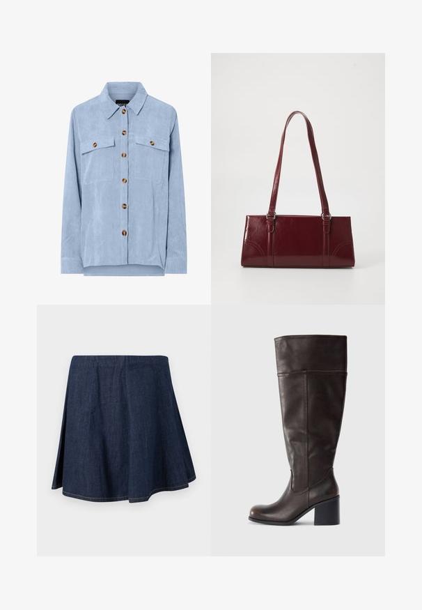 Chemise en velours côtelé bleu clair à boutons, manches longues, deux poches poitrine avec rabats à boutons, et col classique.; Jupe trapèze en denim bleu foncé avec fentes latérales et surpiqûres apparentes le long de l'ourlet et des coutures, présentée sur un fond clair uni.; Botte en cuir marron hauteur genou avec un bout rond et un talon empilé. Présente une texture lisse et des coutures latérales.; Sac à main bordeaux en matériau brillant, de forme rectangulaire, avec deux anses et des accents légèrement courbés à l'avant.