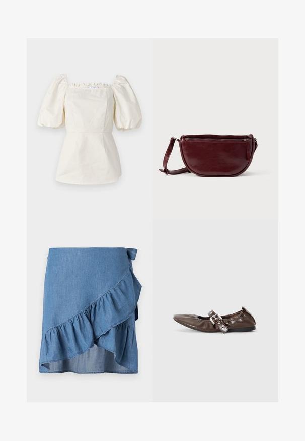 Blouse en coton blanc avec des manches courtes bouffantes, décolleté carré et finitions en volants. Corsage ajusté avec un détail d'ourlet en style péplum.; Jupe portefeuille en denim bleu clair, avec un ourlet à volants et un détail à nouer à la taille. Texture lisse et silhouette fluide.; Chaussure plate en cuir verni marron avec un bout pointu, un détail de nœud élastiqué et une accent en boucle en argent sur le côté. Semelle en caoutchouc noir.; Sac à main en cuir marron foncé avec une forme en demi-lune, une fermeture éclair et une bandoulière amovible. Texture lisse avec un léger éclat.