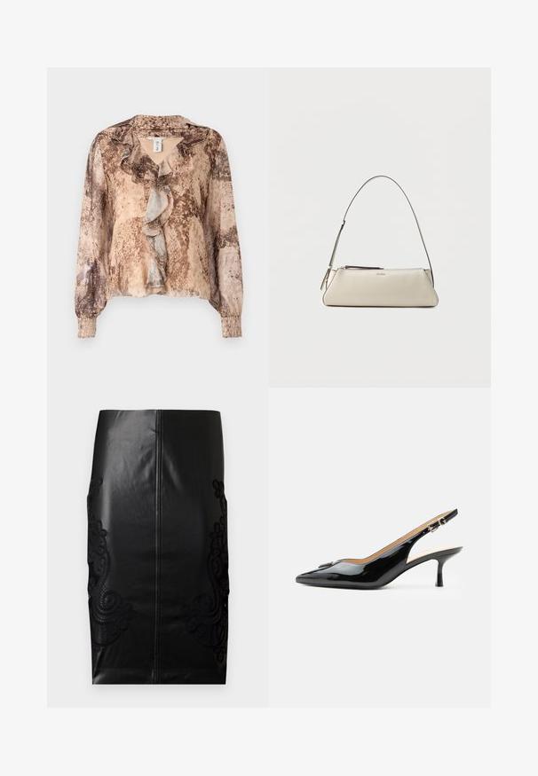 Blusa de manga larga con estampado de piel de serpiente en tonos beige y marrón, que presenta un frente con volantes y mangas fruncidas. Tela suave y ligera.; Falda de lápiz de cuero negra con intrincados bordados de encaje negro en los lados, parte trasera sin costuras y textura suave. Ajuste y silueta clásicos.; Tacón slingback de charol negro con puntera puntiaguda, tacón pequeño tipo kitten y correa con hebilla plateada sobre un fondo blanco liso.; Pequeño bolso de hombro de cuero beige con una correa fina y cierre de cremallera, con un logo metálico discreto en el centro del frente.