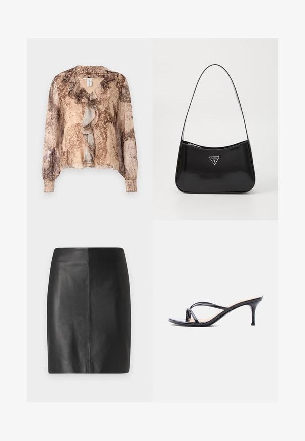 Blusa de manga larga con estampado de piel de serpiente en tonos beige y marrón, que presenta un frente con volantes y mangas fruncidas. Tela suave y ligera.; Falda de cuero negro con un diseño ajustado y textura suave, que presenta una costura central en el frente y una silueta limpia y minimalista.; Sandalia de tacón de charol negro con tiras finas cruzadas y un tacón de aguja delgado de altura media, sobre un fondo blanco.; Bolso de hombro de charol negro con forma curva, que presenta un logotipo triangular plateado y un cierre de cremallera. Textura suave y correa delgada.