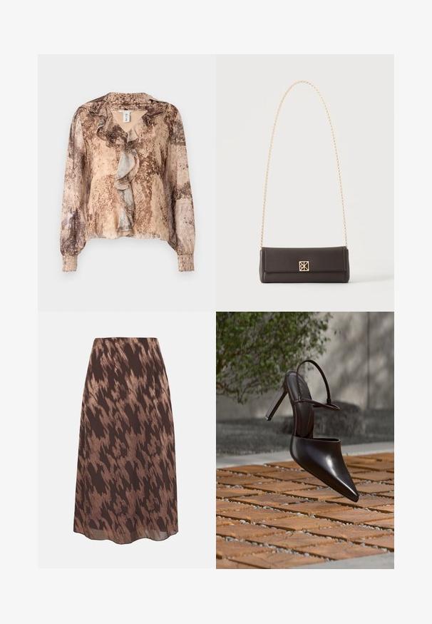 Langærmet bluse med slangehudsmønster i nuancer af beige og brun, med en flæset front og sammensnørede ærmer. Blødt, letvægts stof.; Nederdel i midilængde med abstrakt brunt og beige teksturmønster, udvidet kant og let stof.; Blank højhælet mule med spids tå og ankelrem, svævende over en terracottaflisebelagt overflade med grusfyldte mellemrum.; Rektangulær mørkebrun læderhåndtaske med guldkæde-rem og en lille firkantet guldlås midtfor.