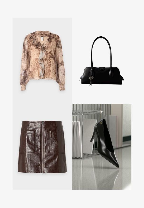 Blusa de manga larga con estampado de piel de serpiente en tonos beige y marrón, que presenta un frente con volantes y mangas fruncidas. Tela suave y ligera.; Mini falda de piel sintética marrón con cremallera frontal, dos grandes bolsillos delanteros y una textura lisa y brillante.; Zapato de tacón alto negro con punta afilada y logo dorado, colocado sobre una superficie reflectante cerca de un organizador de archivos de alambre cromado con documentos.; Bolso de mano negro de cuero Calvin Klein con asas largas, una etiqueta con el logo frontal y un colgante geométrico plateado que cuelga de una de las asas.