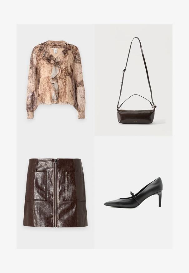 Langærmet bluse med slangehudsmønster i nuancer af beige og brun, med en flæset front og sammensnørede ærmer. Blødt, letvægts stof.; Brun faux læder mini-skjørt med en frontlynlås, to store forlommer og en glat, blank overflade.; Sort læderspids højhælede sko med tynd rem og spænde over vristen, stående på en neutral lys baggrund.; Lille blank mørkebrun læder skuldertaske med justerbar rem, top håndtag og gyldent lynlås lukning.