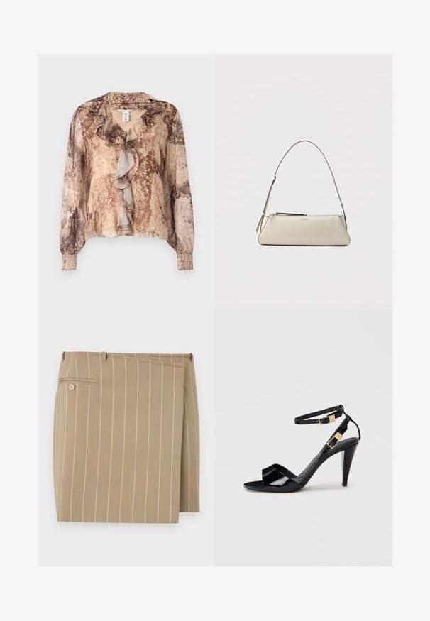 Blusa de manga larga con estampado de piel de serpiente en tonos beige y marrón, que presenta un frente con volantes y mangas fruncidas. Tela suave y ligera.; Falda beige con rayas blancas verticales, hecha de una tela texturizada. Presenta un solapa frontal y un bolsillo trasero con un detalle de botón.; Sандalia de tacón alto de charol negro con dobles correas en el tobillo y hebillas doradas, punta abierta y tacón delgado y afilado sobre un fondo neutro.; Pequeño bolso de hombro de cuero beige con una correa fina y cierre de cremallera, con un logo metálico discreto en el centro del frente.