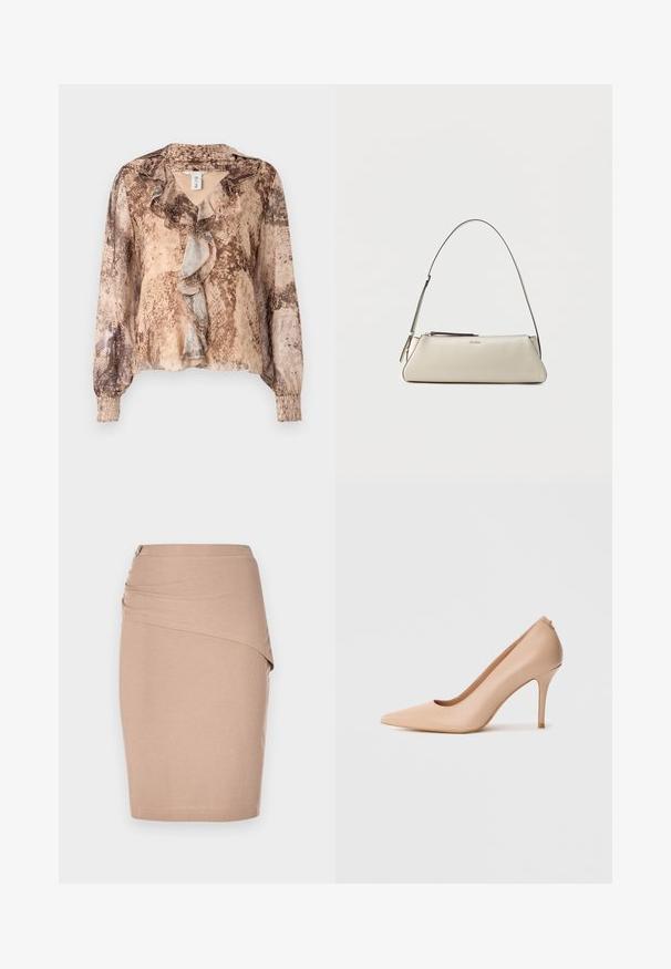 Langærmet bluse med slangehudsmønster i nuancer af beige og brun, med en flæset front og sammensnørede ærmer. Blødt, letvægts stof.; Beige knælang blyantskørt, lavet af ribbet stof, med en draperet forside og en sølvfarvet lynlåsdetalje i siden. Glat tekstur.; Beige læder højhælet sko med spids snude, glat tekstur og slank stilet-hæl. Minimalistisk design med slip-on stil.; Lille beige læder skuldertaske med tynd rem og lynlås, mærket med et diskret metal-logo på frontens midte.