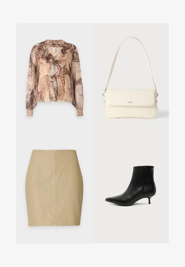 Langærmet bluse med slangehudsmønster i nuancer af beige og brun, med en flæset front og sammensnørede ærmer. Blødt, letvægts stof.; Beige læder mini nederdel med en tætsiddende design, glat tekstur og en central søm, der løber lodret ned ad ryggen.; Sort læder ankelstøvle med spids tå og lav kitten hæl på lys baggrund, der viser yderside.; Cremefarvet læder skuldertaske med flaplukning, sølvfarvet beslag, en enkelt justerbar rem og diskrete logodetaljer.