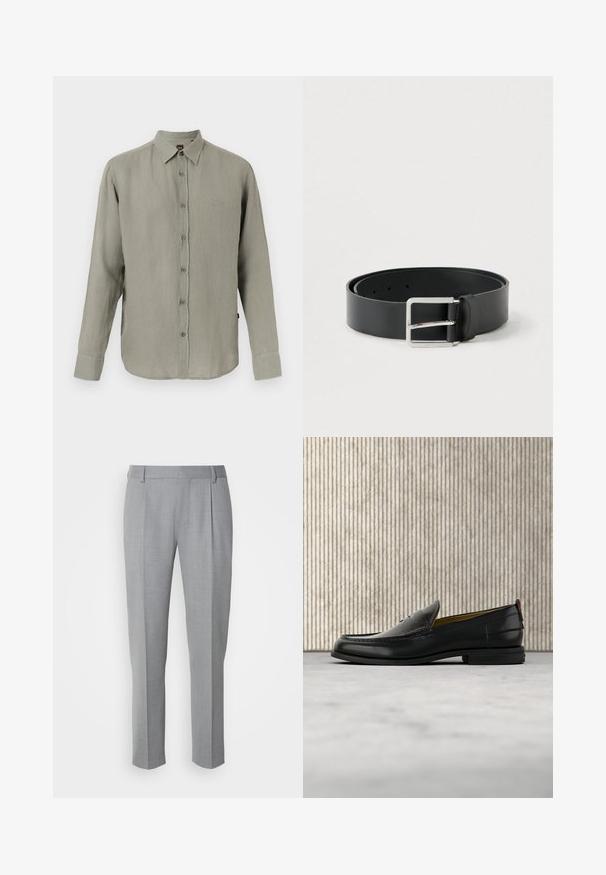 Chemise pour homme à manches longues avec boutons, de couleur vert olive clair, dotée d'un col classique et d'un discret logo "BOSS" sur le côté gauche de la poitrine.; Pantalons gris sur mesure avec une texture lisse, présentant un devant plat, des jambes droites et de légères pinces pour plus de détail.; Mocassin pour homme en cuir noir avec un dessus embossé effet croco et un petit talon, présenté de profil sur un fond neutre.; Ceinture en cuir noir à finition lisse, avec une boucle rectangulaire en métal argenté et plusieurs trous de réglage.