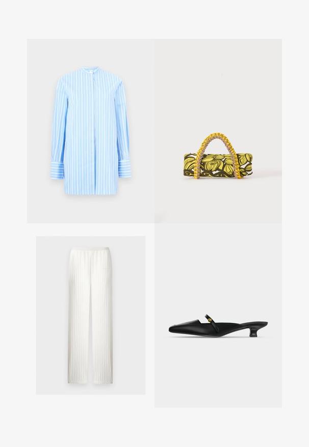 Chemise bleu clair à manches longues avec des rayures blanches verticales, un col mao, des boutons dissimulés à l'avant et des poignets larges à rayures horizontales.; Pantalon en tricot écru avec motif torsadé vertical, coupe droite et ceinture élastique.; Mule noire à bout pointu avec petit talon kitten et fine bride sur le cou-de-pied ornée d’un petit bouton doré.; Sac rectangulaire avec motif floral jaune et noir et anse tressée jaune et rose sur fond blanc.