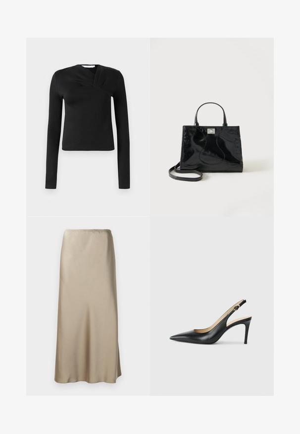 Sort langærmet top med en omslagsdesign, lavet af glat stof. Har en cropped længde og en V-formet udskæring. Ingen mønstre eller accenter.; Satin midi nederdel i lys beige med elastisk talje, glat tekstur og en flydende A-form. Ingen synlige mønstre eller hardware.; Sorte læder slingback højhælede sko med spids tå, justerbar rem og en slank stiletto hæl, der har en glat finish.; Sort håndtaske i laklæder med afrundede håndtag, aftagelig skulderrem og sølvspænde på ensartet hvid baggrund.