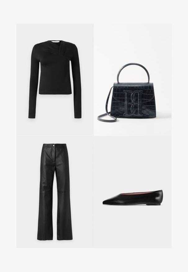 Zwarte lange mouwen top met een wikkeldesign, gemaakt van een gladde stof. Heeft een cropped lengte en een V-vormige halslijn. Geen patronen of accenten.; Zwarte hooggetailleerde broek van kunstleer met wijde pijpen, knoop- en ritssluiting en riemlussen op een effen lichte achtergrond.; Zwarte leren damesschoen met platte zool, puntige neus en lage hak, zijwaarts afgebeeld tegen een effen lichtgrijze achtergrond.; Zwarte handtas van krokodillleer met een gestructureerd ontwerp, bovenhandvat, verstelbare schouderband en een opvallend voorlogo.
