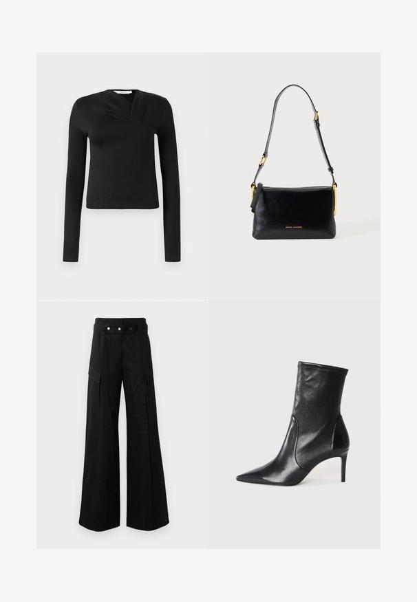 Sort langærmet top med en omslagsdesign, lavet af glat stof. Har en cropped længde og en V-formet udskæring. Ingen mønstre eller accenter.; Sorte brede bukser med høj talje, som har store sidelommer, to forreste knapper og en løkke-detalje. Lavet af holdbart materiale.; Sorte ankelstøvler lavet af glat læder, med spids tå, tætsiddende skaft og en slank høj hæl. Minimalistisk design uden synligt hardware.; Sort skuldertaske i læder med justerbar rem og guldfarvede detaljer, med lille gyldent "Marc Jacobs" logo midt foran.
