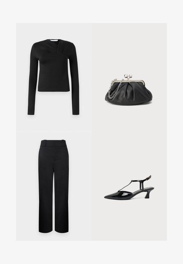 Zwarte lange mouwen top met een wikkeldesign, gemaakt van een gladde stof. Heeft een cropped lengte en een V-vormige halslijn. Geen patronen of accenten.; Zwarte, recht vallende broek met hoge taille, brede riemlussen en een verborgen sluiting aan de voorkant op een lichte achtergrond.; Zwarte pumps van lakleer met spits toelopende neus, T-strap en lage schuine blokhak op witte achtergrond.; Zwarte leren clutch met geplooide textuur, zilverkleurig metalen frame, drukknopsluiting en kettingriem. Glad, zacht oppervlak.
