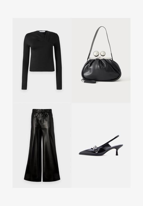Zwarte lange mouwen top met een wikkeldesign, gemaakt van een gladde stof. Heeft een cropped lengte en een V-vormige halslijn. Geen patronen of accenten.; Zwarte leren wijde broek met een verstelbare taille. Glad textuur, hoge taille, losse pasvorm, voorzien van zijzakken en een knoopsluiting.; Zwarte slingback kitten heel schoen van lakleer met puntige neus en zilveren gespsluiting op een effen witte achtergrond.; Zwarte leren handtas met een geplooid ontwerp, een enkele schouderband, zilverkleurige metalen omlijsting en twee grote ronde zilveren sluitingen.