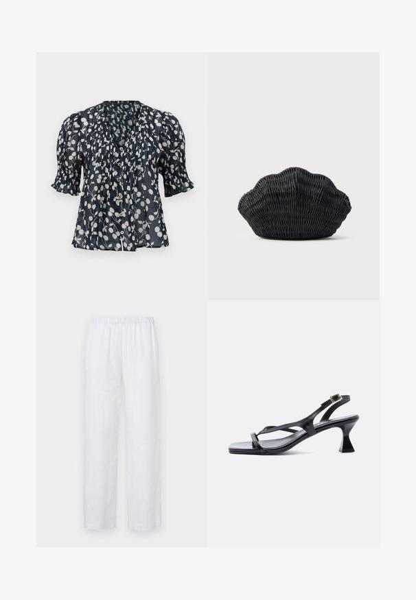 Blouse bleu marine avec imprimé floral blanc, fermeture à boutons sur le devant, manches courtes bouffantes et détails plissés le long du buste. Tissu léger.; ASPESI PANTALONE - Pantalon classique - white; Sandale femme en cuir noir avec fines lanières, bout carré, boucle de cheville réglable et talon mi-hauteur évasé.; Sac à main en osier noir en forme de coquille Saint-Jacques avec un dessus courbé et une texture tressée sur un fond uni.