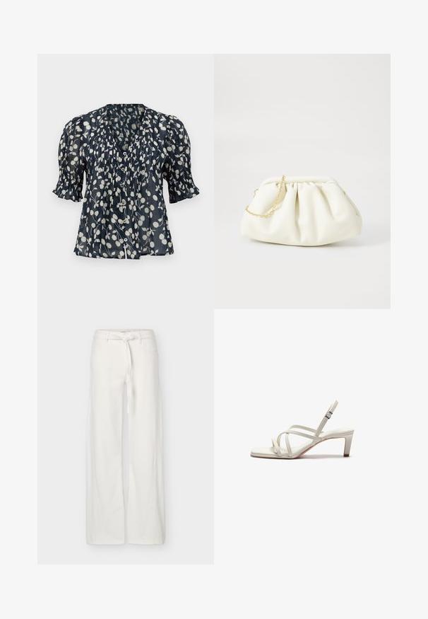 Blouse bleu marine avec imprimé floral blanc, fermeture à boutons sur le devant, manches courtes bouffantes et détails plissés le long du buste. Tissu léger.; Pantalon blanc à jambes larges avec poches avant et ceinture en tissu nouée à la taille, présenté sur un fond uni.; Zign by Zalando Escarpins - off white; Sac à main en cuir blanc avec un design plissé, doté d'une bandoulière en chaîne dorée et d'une forme arrondie. Texture lisse avec des plis doux et sans motifs.