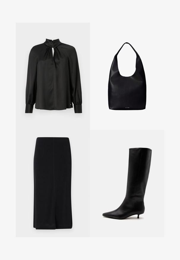 Blouse noire en tissu lisse et léger avec un col haut, un décolleté en trou de serrure à l'avant et de longues manches bouffantes avec des poignets ajustés.; Jupe noire longueur genou en tissu lisse, dotée d'une silhouette droite, d'un design simple et de fentes latérales pour faciliter les mouvements.; Botte noire en cuir jusqu'au genou avec bout pointu et petit talon kitten sur un fond clair uni.; Sac fourre-tout en cuir noir avec une seule large bandoulière et un logo Calvin Klein discret au centre inférieur.
