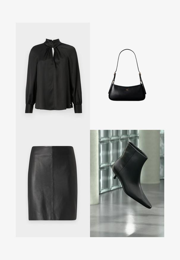 Blouse noire en tissu lisse et léger avec un col haut, un décolleté en trou de serrure à l'avant et de longues manches bouffantes avec des poignets ajustés.; Jupe en cuir noir avec une coupe ajustée et une texture lisse, présentant une couture centrale à l'avant et une silhouette épurée et minimaliste.; Bottine en cuir noir à bout pointu et petit talon kitten, présentée en angle devant un sol poli et un mur en blocs de verre.; Mini sac à bandoulière en cuir noir avec une fine bandoulière et un petit logo CK doré au centre avant.