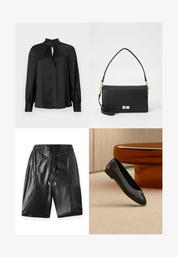 Blouse noire en tissu lisse et léger avec un col haut, un décolleté en trou de serrure à l'avant et de longues manches bouffantes avec des poignets ajustés.; Shorts en cuir noir avec une taille élastique, détail de cordon de serrage et coutures latérales. Texture lisse avec une finition brillante.; Ballerine plate en cuir noir avec un bout rond et un emblème de logo doré près du bout, présentée sur un tapis beige et un fond de meubles marron.; Sac à main en cuir noir de forme rectangulaire, avec un fermoir doré, une poignée supérieure et une bandoulière amovible. Texture lisse.
