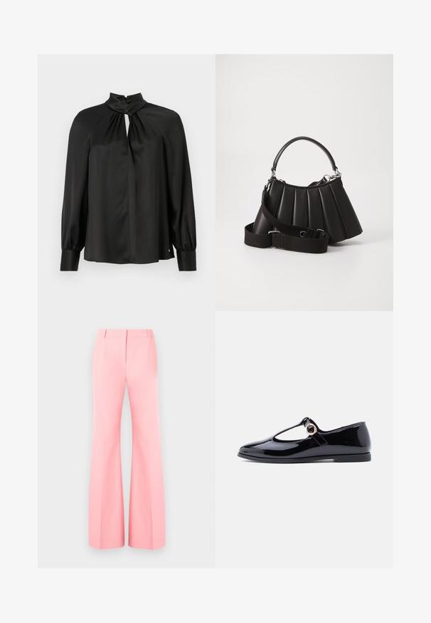 Blouse noire en tissu lisse et léger avec un col haut, un décolleté en trou de serrure à l'avant et de longues manches bouffantes avec des poignets ajustés.; Pantalons larges rose avec un design ajusté, présentant un devant plat et des plis soigneusement pressés. Tissu lisse et taille haute.; Chaussure Mary Jane en cuir verni noir avec un bout arrondi, une bride en T et un détail en métal doré circulaire, semelle plate et finition lisse et brillante.; Sac à main plissé noir avec une poignée arrondie, une bandoulière réglable et une texture brillante. Présente des accessoires en argent et une silhouette structurée.