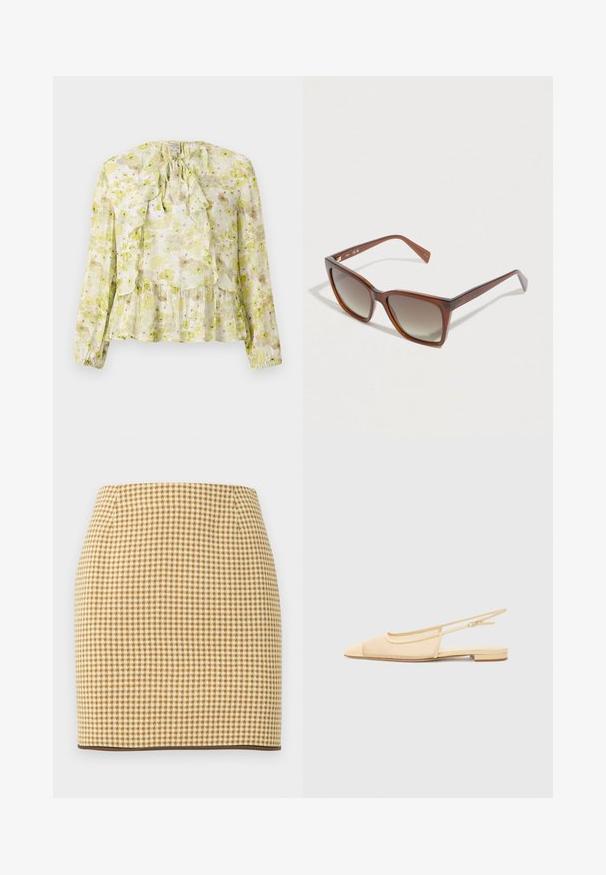 Bloemige blouse in lichtgroen en crème, met ruches, lange mouwen, een striksluiting en een gelaagde zoom met een doorschijnende textuur.; Beige en bruine potloodrok met pied-de-poule patroon, een aansluitende pasvorm en donkerbruine afwerking aan de zoom.; Slingback ballerina in lichtbeige met een mesh bovenwerk, spitse neus en een lage hak. Voorzien van een verstelbare band voor een goede pasvorm.; Bruine zonnebril met degradé glazen en een brede kunststof montuur. Voorzien van een gestructureerd patroon op de pootjes. Vierkante vorm.