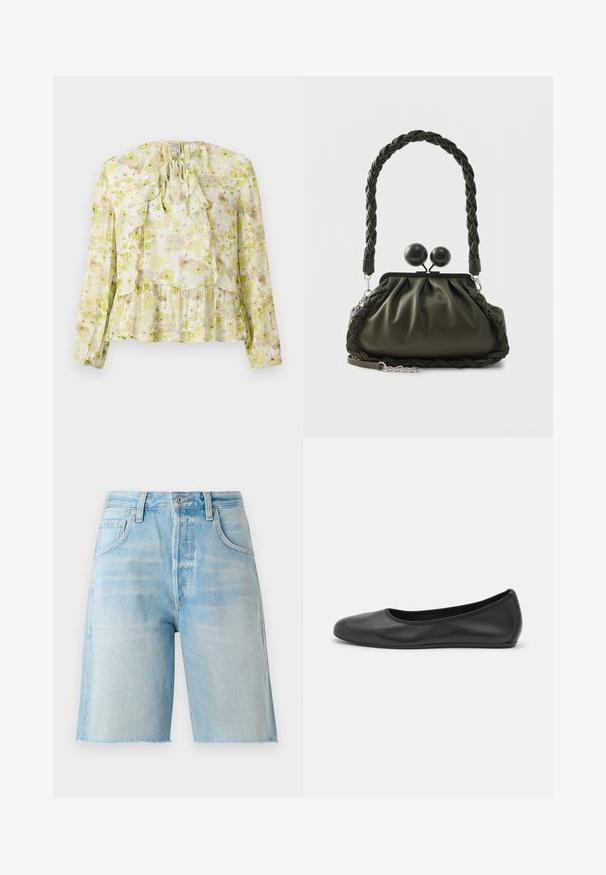 Blomstret bluse i lys grøn og creme, med flæsepaneler, lange ærmer, bindebånd ved halsen og en lagdelt kant med en gennemsigtig tekstur.; Lyseblå denimshorts med høj talje, fem lommer og rå kant. Blødt materiale og klassisk snit, velegnet til afslappet brug.; Sort læderballetsko med rund tå, glat tekstur, minimal syning og et fleksibelt såldesign.; Olivengrøn læderhåndtaske med flettet håndtag og sølvhardware, med en samlet design og runde låsedetaljer på toppen.