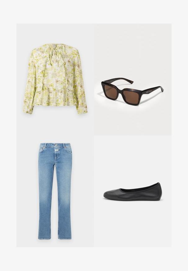 Blumenbluse in Hellgrün und Creme, mit Rüschenelementen, langen Ärmeln, einem Bindeband-Halsverschluss und einem gestuften Saum mit transparenter Struktur.; Blaue Jeans aus Denim mit geradem Bein, mittelhohem Bund, fünf Taschen und subtilen Verfärbungen im gesamten Stoff.; Schwarze Leder-Ballettschuhe mit abgerundeter Spitze, glatter Textur, minimalen Nähdetails und einem flexiblen Sohlen-Design.; Schildpatt-Sonnenbrille mit weitgehend rechteckiger Form, braunen Gläsern und glänzender Oberfläche. Mit Logo-Detail am Bügel.
