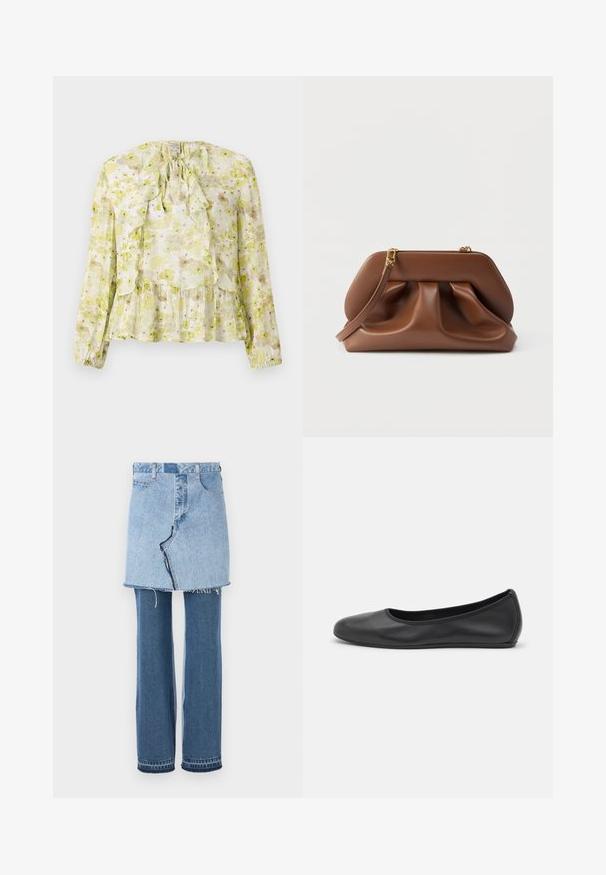 Bloemige blouse in lichtgroen en crème, met ruches, lange mouwen, een striksluiting en een gelaagde zoom met een doorschijnende textuur.; Denim kledingstuk dat een lichtblauwe minirok bovenop combineert met donkerblauwe flared jeans eronder; heeft een rafelige zoom en klassieke denimtextuur.; Zwarte leren ballerina met een ronde neus, gladde textuur, minimale stikdetails en een flexibele zoolontwerp.; Bruine leren clutch met een geplooid ontwerp, goudkleurige hardware en afneembare polsband, op een witte achtergrond.