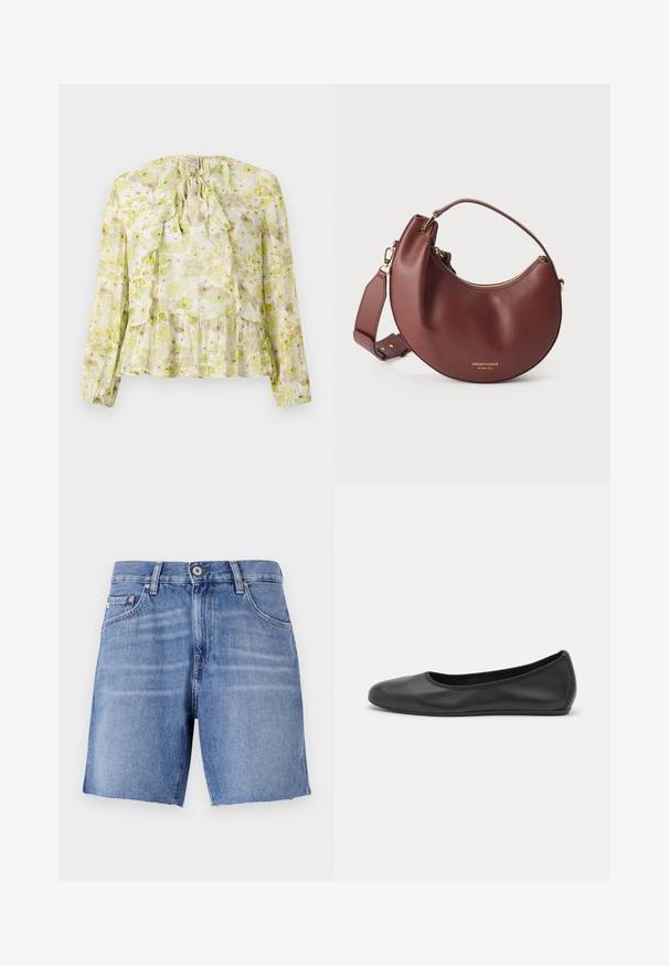 Blomstret bluse i lys grøn og creme, med flæsepaneler, lange ærmer, bindebånd ved halsen og en lagdelt kant med en gennemsigtig tekstur.; Lyseblå denimshorts med lige snit, rå kant, fem lommer og metalknaplukning. Stoffet har en glat tekstur med let falming.; Sort læderballetsko med rund tå, glat tekstur, minimal syning og et fleksibelt såldesign.; Brun læder håndtaske i halvmåneform med gylden lynlås og justerbar skulderrem på hvid baggrund.