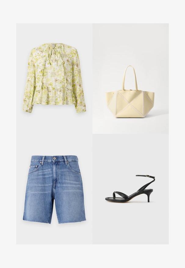 Blomstret bluse i lys grøn og creme, med flæsepaneler, lange ærmer, bindebånd ved halsen og en lagdelt kant med en gennemsigtig tekstur.; Lyseblå denimshorts med lige snit, rå kant, fem lommer og metalknaplukning. Stoffet har en glat tekstur med let falming.; Sort damesandal i læder med tynde remme, en tå-loop, ankelspænde og en mellemhøj stiletthæl på en neutral baggrund.; Nanushka THE ORIGAMI - Håndtasker - moonbeam/creme