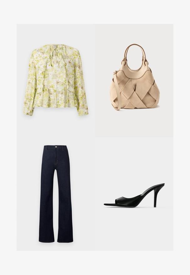 Blumenbluse in Hellgrün und Creme, mit Rüschenelementen, langen Ärmeln, einem Bindeband-Halsverschluss und einem gestuften Saum mit transparenter Struktur.; Dunkelblaue Denimhose mit hoher Taille, weitem Bein und klassischer Five-Pocket-Optik. Verfügt über bronzefarbene Beschläge und dezente Nähte.; Schwarzer Leder-Pantolette mit offenem Zehenbereich und hohem, schlankem Stiletto-Absatz, im Seitenprofil vor neutralem Hintergrund gezeigt.; Beige Wildleder-Handtasche mit gewebtem Design, runden oberen Griffen und abnehmbarem Schulterriemen; glatte Lederakzente oben.