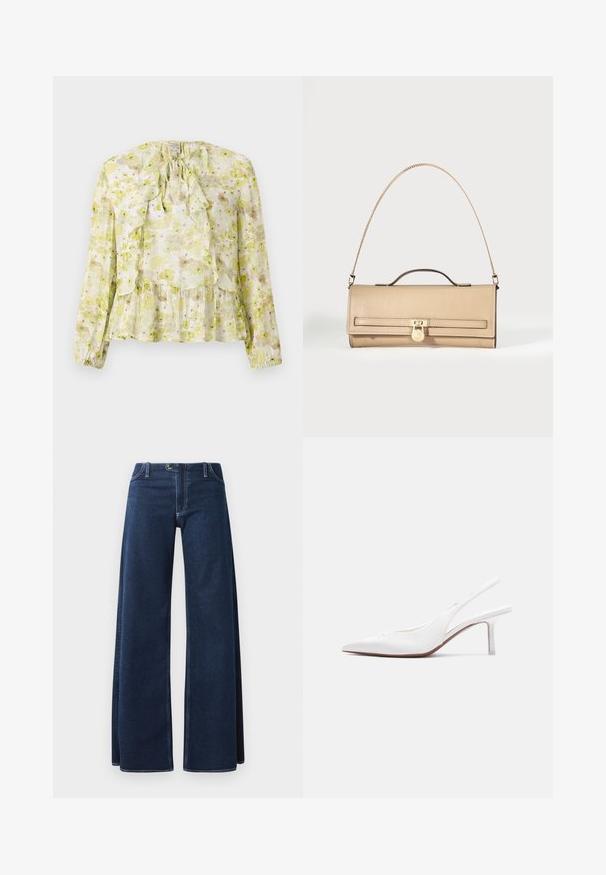 Blomstret bluse i lys grøn og creme, med flæsepaneler, lange ærmer, bindebånd ved halsen og en lagdelt kant med en gennemsigtig tekstur.; Bredde ben denim jeans i mørkeblå med synlige syninger, forlommer og knaplukning. Fremstillet af et solidt denimstof.; Hvid læder slingback damesko med spids tå, lav kittenhæl og lille dekorativ sløjfe på toppen, vist i sideprofil.; Beige læderclutch med tynd guldkæde, topgreb og forgyldt låsedetalje foran på ensfarvet hvid baggrund.