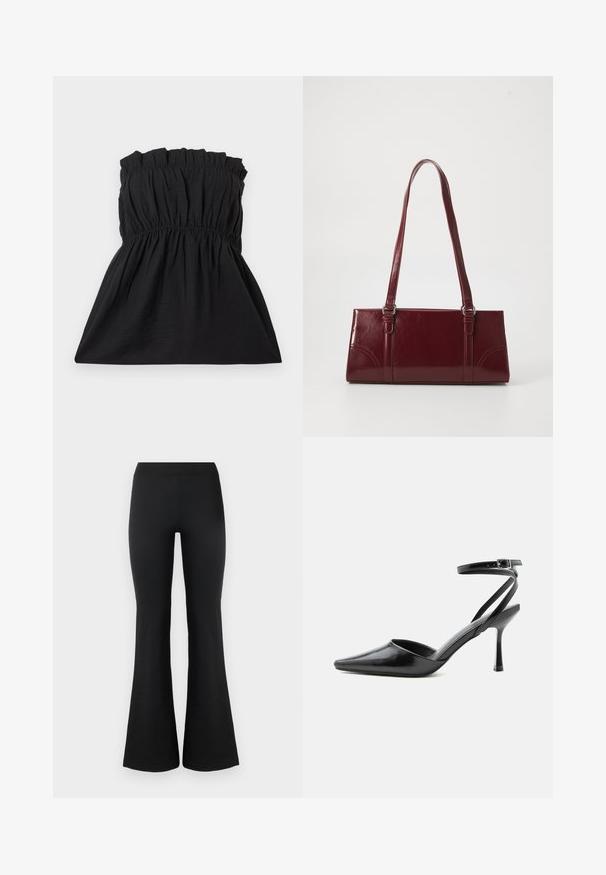 Μαύρο strapless φόρεμα με ελαστική καπνοσατέν και gathered υφή, που ρέει σε απαλή γραμμή. Φτιαγμένο από ελαφρύ, μαλακό ύφασμα.; Μαύροι καμπάνα παντελόνια φτιαγμένα από ένα λείο, ελαστικό ύφασμα. Διαθέτουν ψηλή μέση και καμπάνες στις άκρες για μια στενή εμφάνιση. Απλός σχεδιασμός.; Μαύρη γόβα μυτερή με λεπτά λουράκια στον αστράγαλο και ασημένια πόρπη σε απλό ανοιχτό φόντο.; Μπορντό τσάντα ώμου από γυαλιστερό υλικό, ορθογώνιο σχήμα, με δύο ιμάντες ώμου και λεπτές καμπύλες λεπτομέρειες στο μπροστινό μέρος.
