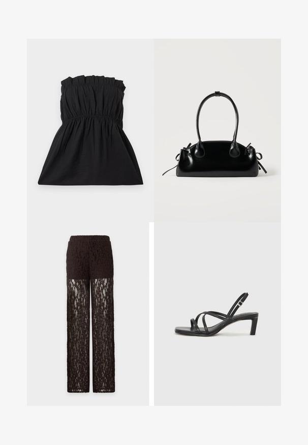 Μαύρο strapless φόρεμα με ελαστική καπνοσατέν και gathered υφή, που ρέει σε απαλή γραμμή. Φτιαγμένο από ελαφρύ, μαλακό ύφασμα.; Καφέ δαντελωτό παντελόνι με αδιαφανή επάνω μέρος μηρού και διαφανή δαντελένια πόδια, ίσια γραμμή και ελαστική μέση.; Μαύρη σανδάλι με λουράκια και τετράγωνη μύτη, καθώς και χαμηλό μπλοκ τακούνι. Διαθέτει πολλαπλά λεπτά λουράκια και ρυθμιζόμενο λουράκι στον αστράγαλο. Κατασκευασμένο από λείο δέρμα.; Μικρή μαύρη γυαλιστερή τσάντα με δύο μακριές λαβές και λεπτομέρειες με ρυθμιζόμενο κορδόνι στο πλάι σε απλό ανοιχτό φόντο.