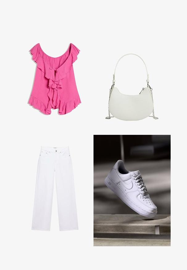 Blouse rose à épaules dénudées avec bords froncés et deux liens à l'avant, coupe ample et fluide et tissu texturé.; Jean blanc taille haute à jambes larges avec fermeture à boutons et zip, poches avant et arrière, et détails en rivets argentés.; Baskets Nike Air Force 1 blanches lévitant au-dessus d'une surface en béton avec des ombres dans un cadre minimaliste.; Sac à main synthétique blanc de forme courbée, avec une bandoulière en chaîne et un design minimaliste. Texture lisse avec des accents en métal argenté.