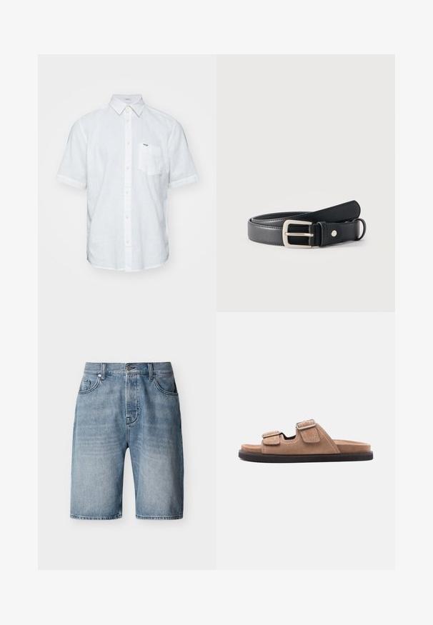 Chemise blanche à manches courtes en lin, dotée d'un col button-down, d'une poche frontale et de détails de couture subtils.; Shorts en denim bleu clair avec poches avant et poche monnaie, fermeture par bouton, et passants pour ceinture, présentés sur un fond blanc.; Sandale à glissière en suède marron avec semelle noire, présentant deux brides ajustables avec boucles et détail de couture blanche, vue latérale sur fond blanc.; Ceinture en cuir noir avec boucle rectangulaire argentée enroulée sur un fond blanc uni.
