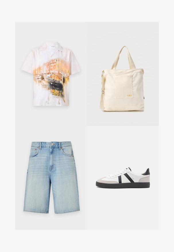 Kortærmet skjorte med knap i et abstrakt akvarelprint i bløde hvide, orange og sorte farver; lavet af letvægtsstof.; Lyseblå denimshorts med lige skæring, forsynet med knap- og lynlåslukning, fem lommer og en let slidtblandet finish.; Hvide sneakers med sorte og grå detaljer, med en tekstureret grå tåhætte, sort gummisål og flade hvide snørebånd. Rent design, minimalistisk stil.; Kremfarvet lærredstote-taske med frontlomme, to håndtag, justerbar skulderrem og lille gul "O.N.S" tekst i nederste højre hjørne af lommen.