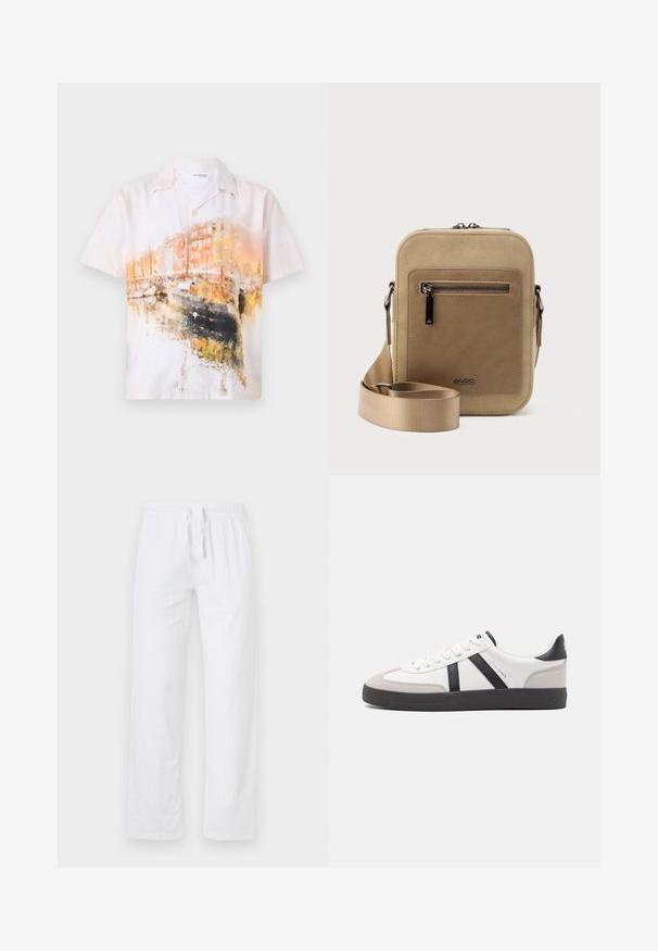 Camisa de botón de manga corta con un estampado abstracto en acuarela en suaves tonos blancos, naranjas y negros; hecha de una tela ligera.; Pantalones de algodón blancos, ligeros, con cintura elástica y cordón; presentan piernas anchas y una superficie lisa y sin textura.; Zapatilla blanca con acentos en negro y gris, que presenta una puntera texturizada en gris, suela de goma negra y cordones planos blancos. Diseño limpio, estilo minimalista.; Bolso pequeño beige tipo bandolera con bolsillo frontal con cremallera, logo metálico de ALDO, correa ancha ajustable y forma rectangular redondeada sobre fondo blanco.