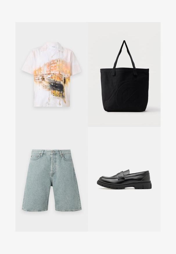 Kortærmet skjorte med knap i et abstrakt akvarelprint i bløde hvide, orange og sorte farver; lavet af letvægtsstof.; Lysblå denim shorts med en afslappet pasform, fem lommer og knaplukning. Slidt udseende med synlige sømdetaljer.; Sort læder loafersko med en bred rem over forfoden, gummisål med tykke mønstre og glat overflade. Klassisk, slankt design.; Sort canvas-tote-taske med to skulderstropper og et diskret præget cirkeldesign på fronten.