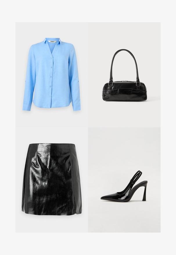 Chemise bleu clair à manches longues avec col, coupe slim, manches retroussées maintenues par des pattes à boutons.; Mini jupe en simili cuir noir brillant avec des détails de couture subtils et une légère fente avant sur fond blanc.; Escarpin en cuir verni noir à talon aiguille, à bout pointu, avec une sangle élastique double pour un maintien sécurisé. Surface lisse et brillante.; Sac à main en cuir noir de forme rectangulaire, doté d'une seule ansse structurée, de quincaillerie argentée et d'une fermeture éclair. Texture lisse.