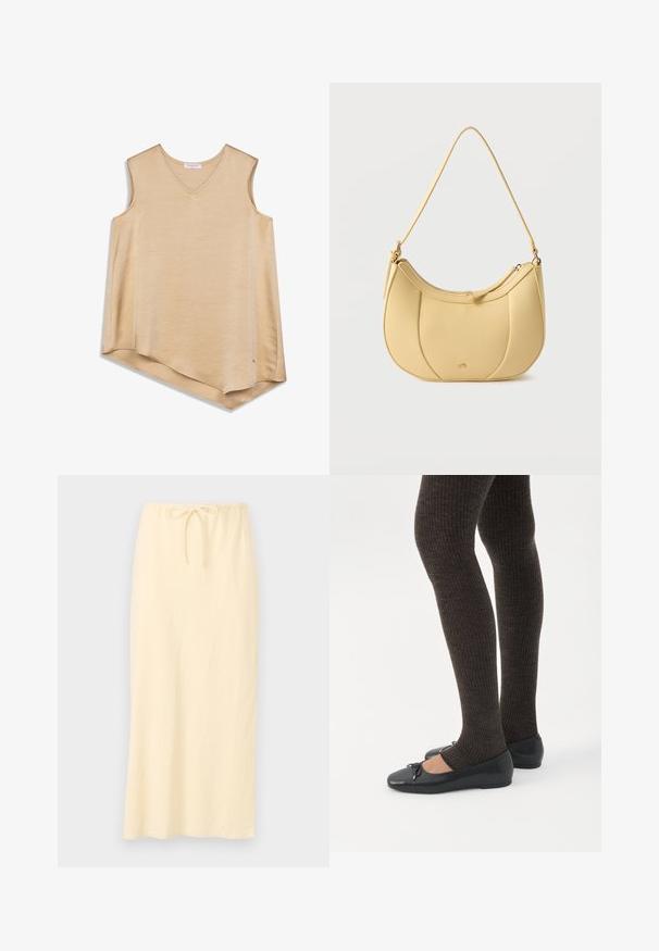 Haut beige sans manches avec un col en V ; texture douce et lisse ; ourlet asymétrique ; marque minimaliste sur le côté inférieur.; Jupe longue jaune clair en tissu respirant, dotée d'une taille élastique avec cordon de serrage pour un ajustement personnalisable. Texture lisse, sans motifs.; Jambes portant des leggings côtelés foncés associés à des ballerines noires avec de petits détails en nœud sur fond blanc.; Sac bandoulière jaune en cuir synthétique avec un design incurvé matelassé et une fermeture éclair, présentant une texture lisse et une sangle d'épaule ton sur ton.