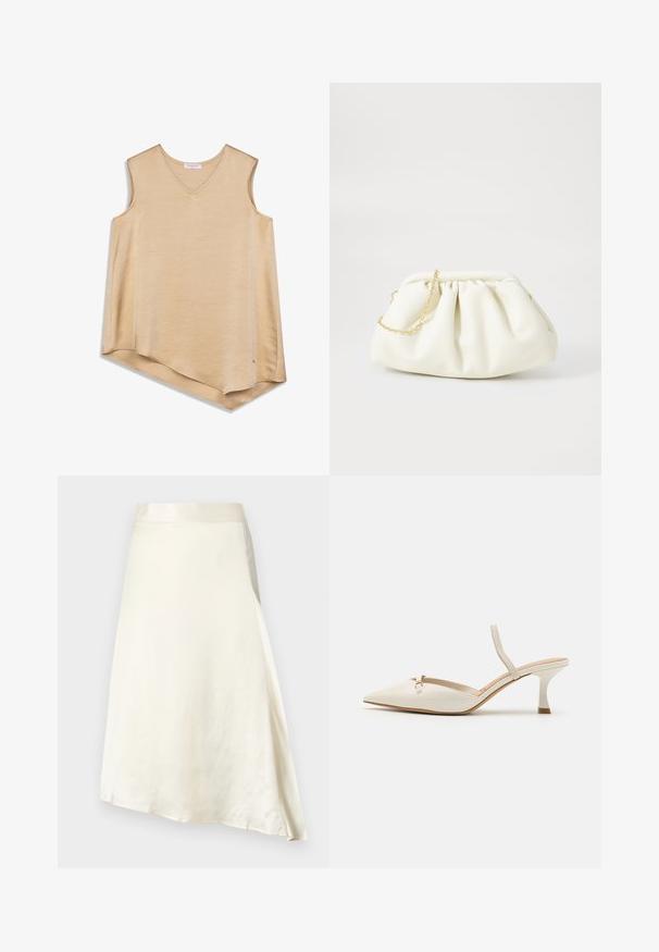 Haut beige sans manches avec un col en V ; texture douce et lisse ; ourlet asymétrique ; marque minimaliste sur le côté inférieur.; Une jupe crème, longueur genou, en tissu satin lisse avec un léger éclat. Présente un design en ligne A et une taille froncée pour un ajustement parfait.; ALDO NAILAH - Escarpins - white/bone; Sac à main en cuir blanc avec un design plissé, doté d'une bandoulière en chaîne dorée et d'une forme arrondie. Texture lisse avec des plis doux et sans motifs.