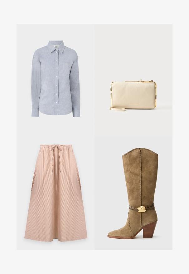 Chemise bouton-uppée bleu clair en tissu texturé, dotée d'un col classique, de manches longues et d'une poche poitrine unique.; Jupe rayée marron et crème avec une taille élastique et une fermeture à cordon. Le tissu semble doux avec une silhouette fluide.; Botte en suede beige haute avec un talon empilé en bois, un bord tressé et des sangles en cuir enroulées avec une boucle ovale en or.; Pochette bracelet en cuir beige texturé avec garniture en métal doré et fermeture éclair, dotée d'une petite sangle et d'un logo de marque subtilement embossé.