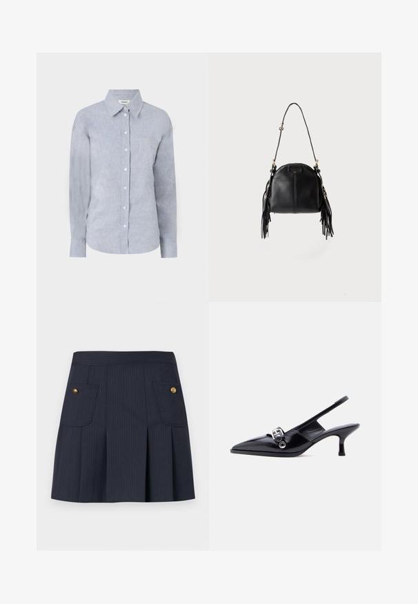 Chemise bouton-uppée bleu clair en tissu texturé, dotée d'un col classique, de manches longues et d'une poche poitrine unique.; Jupe à rayures bleu marine foncé avec des plis à l'avant et deux poches à rabat ornées de boutons dorés de chaque côté.; Chaussure à talon bas en cuir verni noir avec bride arrière, bout pointu et détail boucle argentée sur fond blanc uni.; Sac à main en cuir noir avec une forme courbée, une longue bandoulière réglable et des franges de chaque côté sur un fond clair.