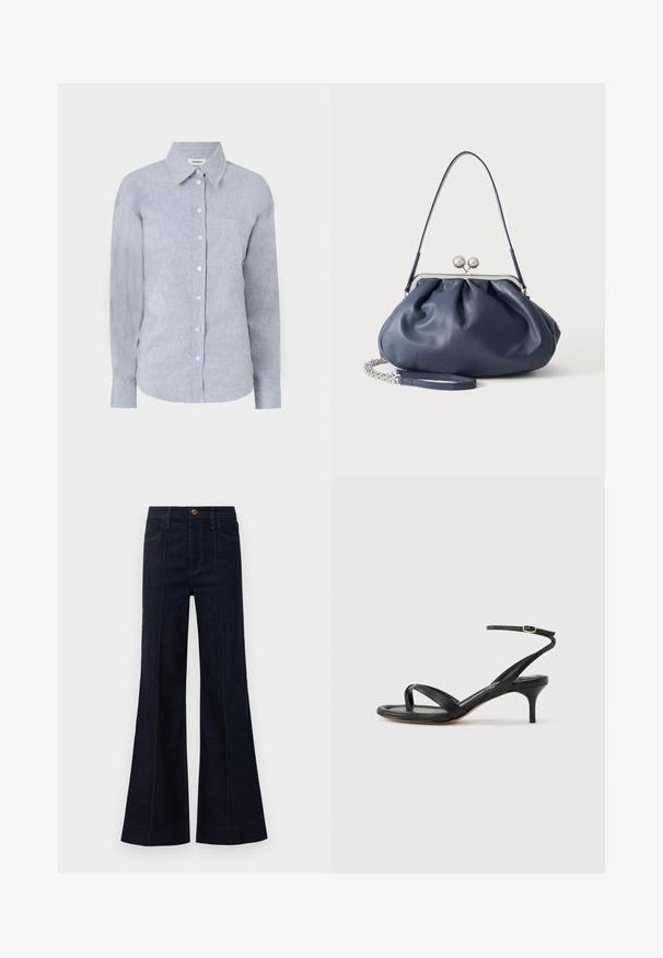 Lys blå skjorte med knapper i et tekstureret stof, med klassisk krave, lange ærmer og en enkelt brystlomme.; Mørkeblå denim flared jeans med høj talje, frontlommer og synlige sømme. Stoffet har en glat tekstur og en struktureret form.; Sort damesandal i læder med tynde remme, en tå-loop, ankelspænde og en mellemhøj stiletthæl på en neutral baggrund.; Blød navyblå læderhåndtaske med sølv lukning, enkelt skulderrem og aftagelig kæde til håndleddet på hvid baggrund.