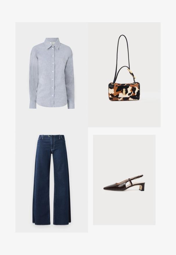 Chemise bouton-uppée bleu clair en tissu texturé, dotée d'un col classique, de manches longues et d'une poche poitrine unique.; Jeans en denim large de couleur bleu foncé avec des coutures visibles, des poches avant et une fermeture à bouton. Fabriqué en tissu denim résistant.; Escarpin slingback marron à bout pointu avec talon bloc bas, motif crocodile, découpe latérale et bride à boucle réglable, présenté sur fond blanc.; Mini sac en cuir de vachette à imprimé léopard marron et noir, doté d'une sangle en cuir noir et d'accents en métal doré. Design compact et rectangulaire.