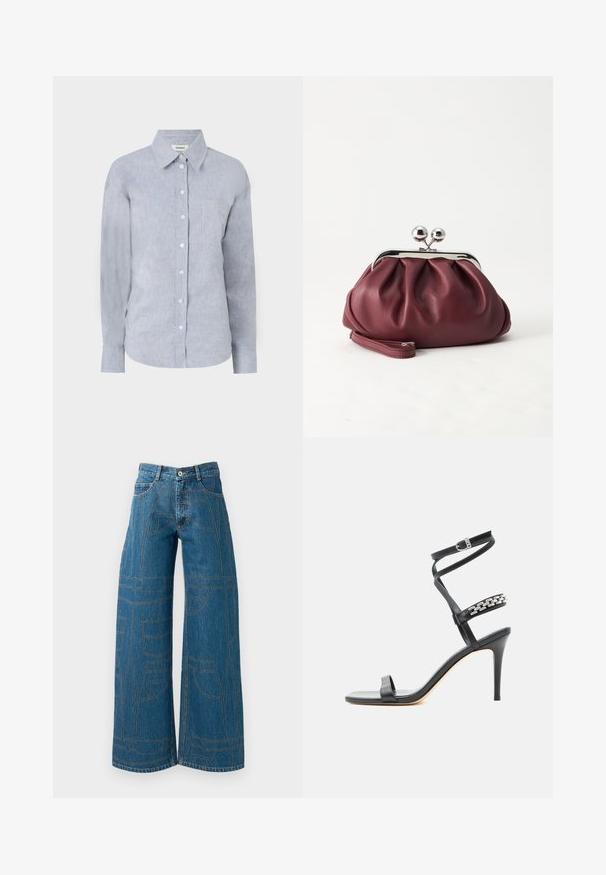 Chemise bouton-uppée bleu clair en tissu texturé, dotée d'un col classique, de manches longues et d'une poche poitrine unique.; Jeans évasés en denim bleu moyen avec des motifs de couture contrastants et plusieurs designs de poches. Taille haute avec une fermeture à bouton.; Sandale noire à talon haut avec fine bride à la cheville, bride médiane décorée de maillons de chaîne argentés, et design à bout ouvert.; Petit sac pochette en cuir bordeaux avec fermoir métallique argenté et bracelet sur fond blanc.