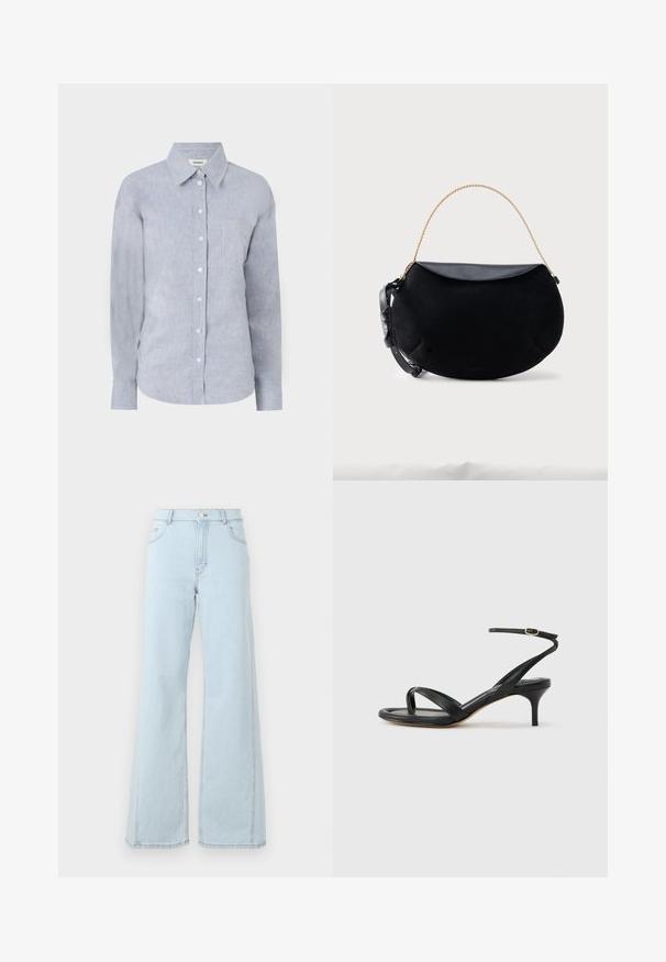 Lys blå skjorte med knapper i et tekstureret stof, med klassisk krave, lange ærmer og en enkelt brystlomme.; Lysblå denim wide-leg jeans har høj talje, frontlommer og synlige stiksyninger på sømmene og kanten.; Sort damesandal i læder med tynde remme, en tå-loop, ankelspænde og en mellemhøj stiletthæl på en neutral baggrund.; Sort halvåformet håndtaske med glat læderklap, gyldent kædehåndtag og justerbar sort læderrem på hvid baggrund.