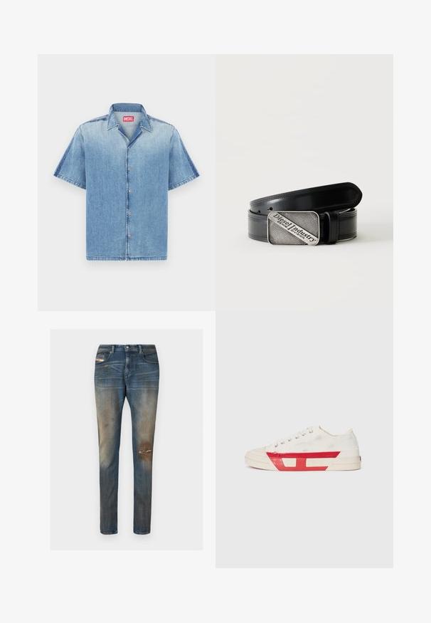 Chemise en jean à manches courtes bleu clair avec bords effilochés, boutons sur le devant et col pointu. Présente une étiquette de marque rouge au niveau du cou.; Jean en denim bleu à coupe slim, avec un léger délavage, des zones usées, et un design classique à cinq poches incluant une petite étiquette logo.; Baskets en toile avec un dessus blanc, des accents en caoutchouc rouge et un design texturé. Elles présentent une tête arrondie et cinq œillets pour les lacets.; Ceinture en cuir noir avec une boucle rectangulaire argentée portant le texte gravé "Diesel Industry Denim Division" sur un fond clair à rayures.